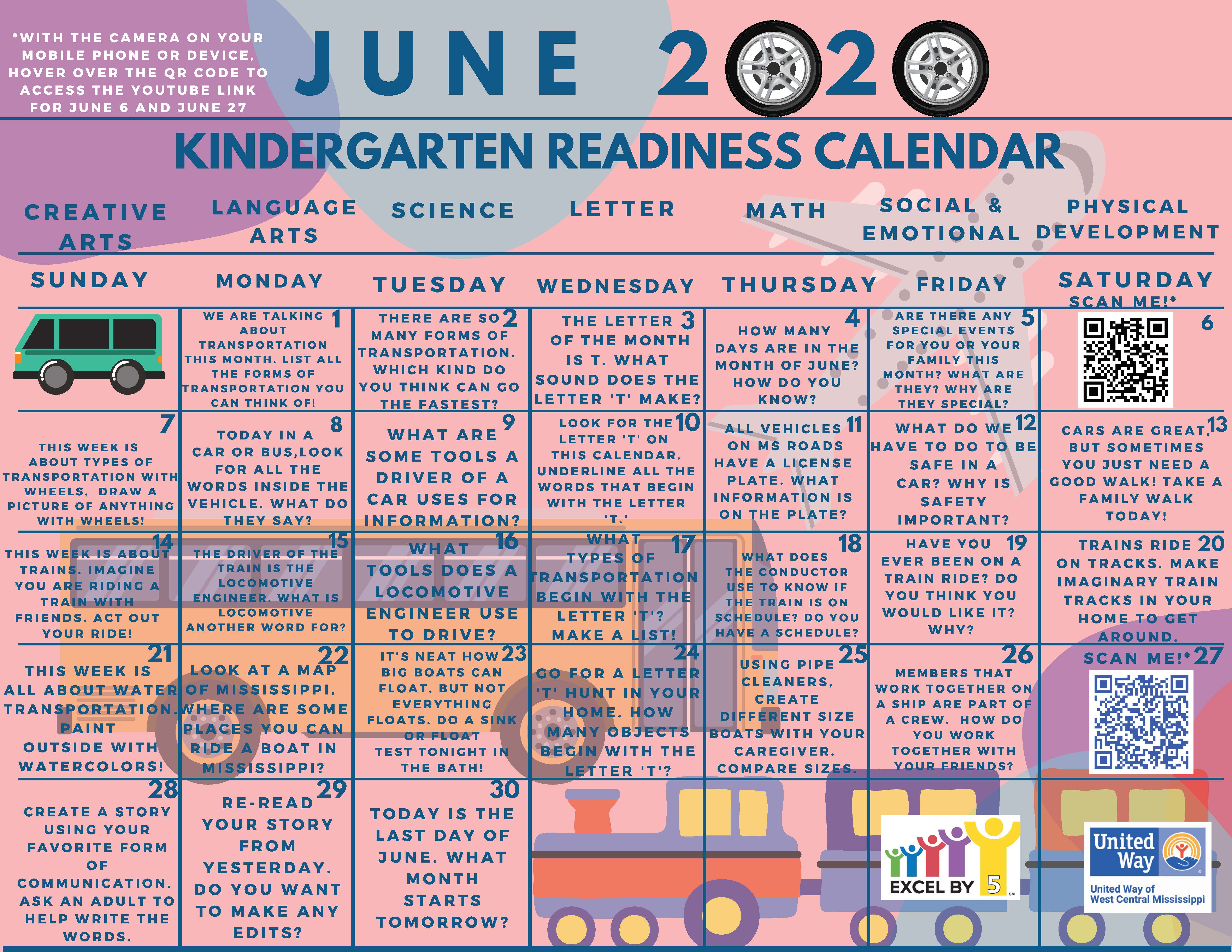 June 2020 Kindergarten Readiness Calendar Excel by 5