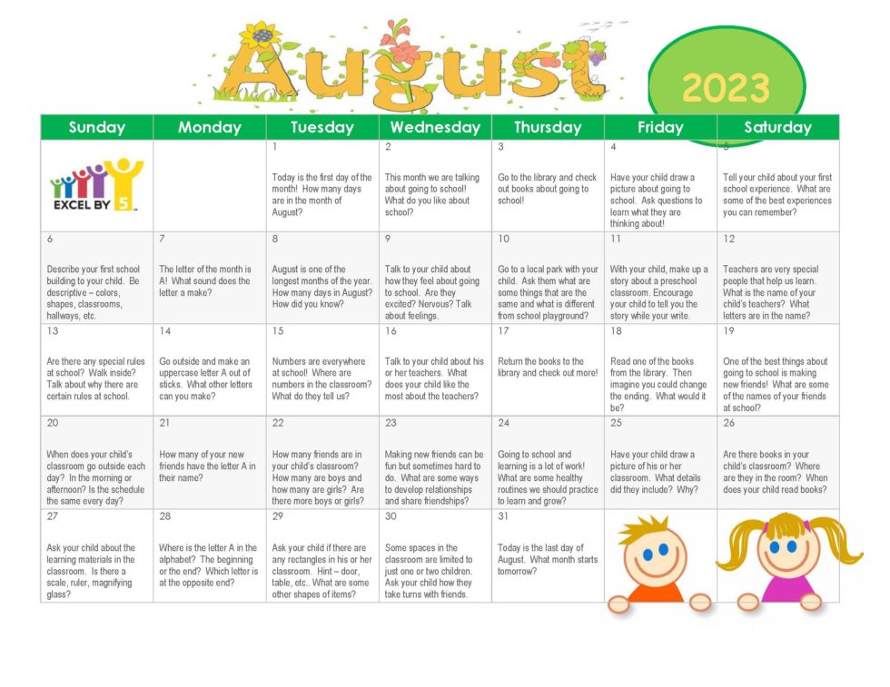 August 2023 School Readiness Calendar - Excel By 5