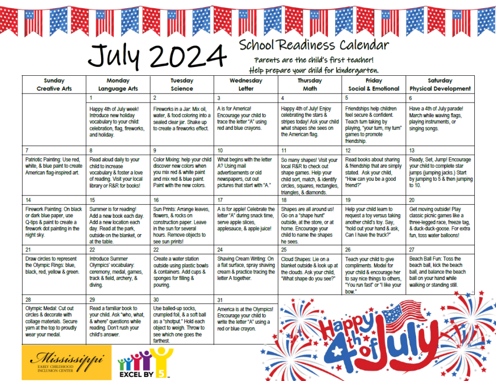 July 2024 School Readiness Calendar - Excel By 5