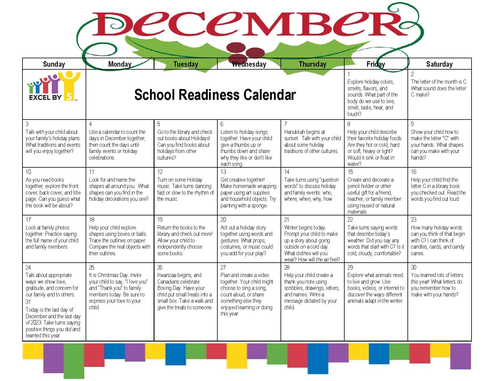 December 2023 School Readiness Calendar - Excel by 5