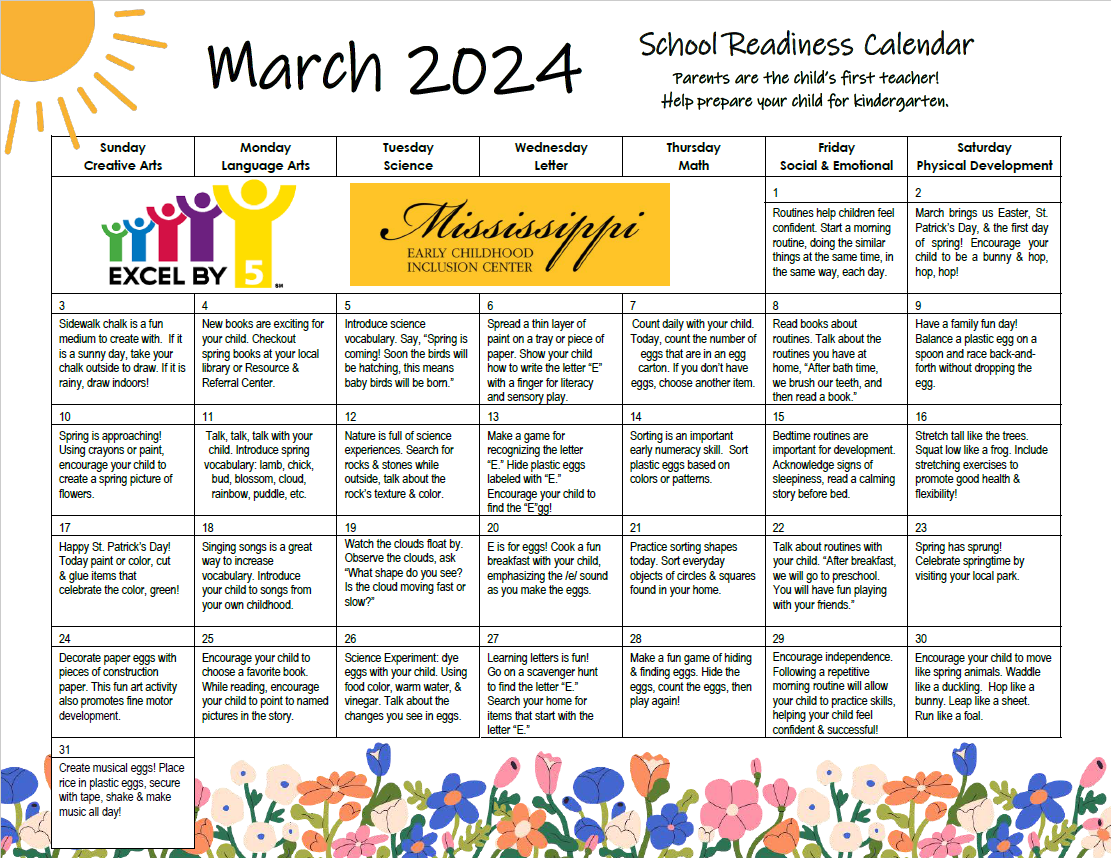 March School Readiness Calendar - Excel by 5